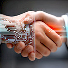 H&auml;ndedruck, &uuml;berlagert von digitalen Schaltkreisen als Symbol f&uuml;r k&uuml;nstliche Intelligenz