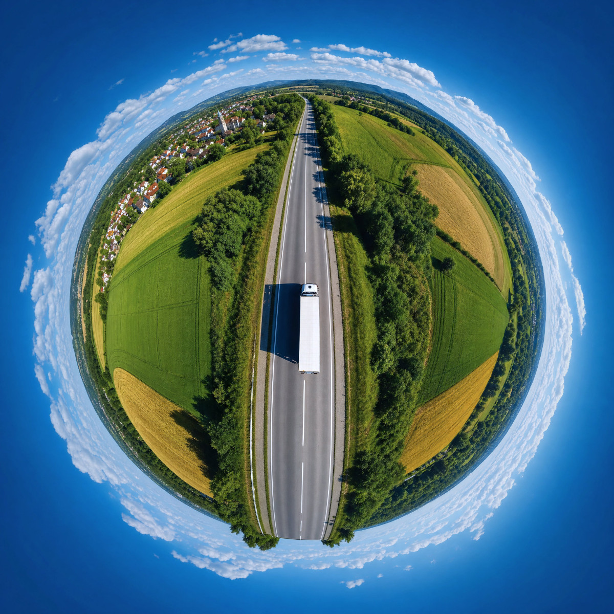 Lkw auf einer Landstra&szlig;e als kugelf&ouml;rmiges Tiny-Planet-Panorama