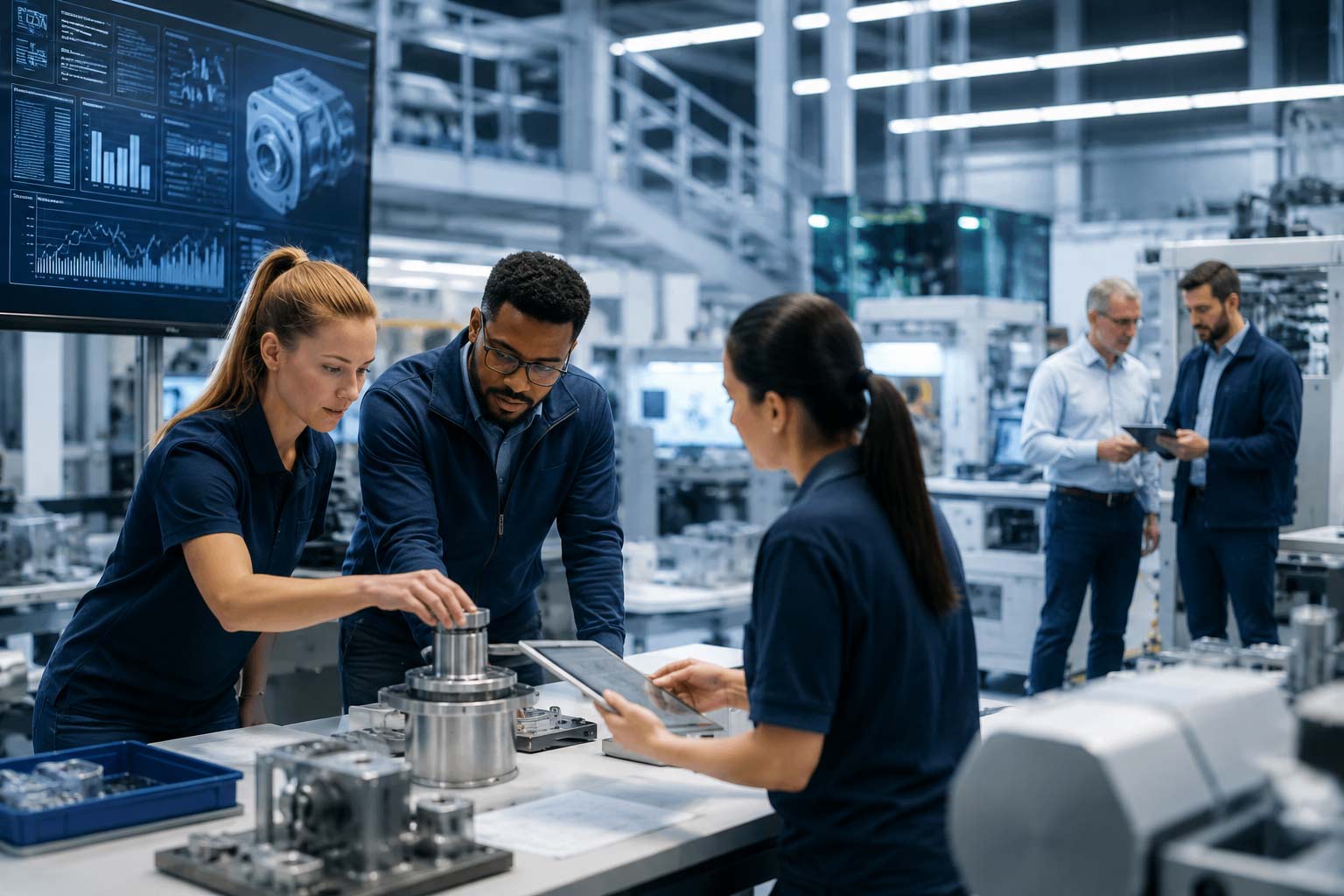 Ingenieurteam begutachtet ein Bauteil in einer modernen Industriehalle